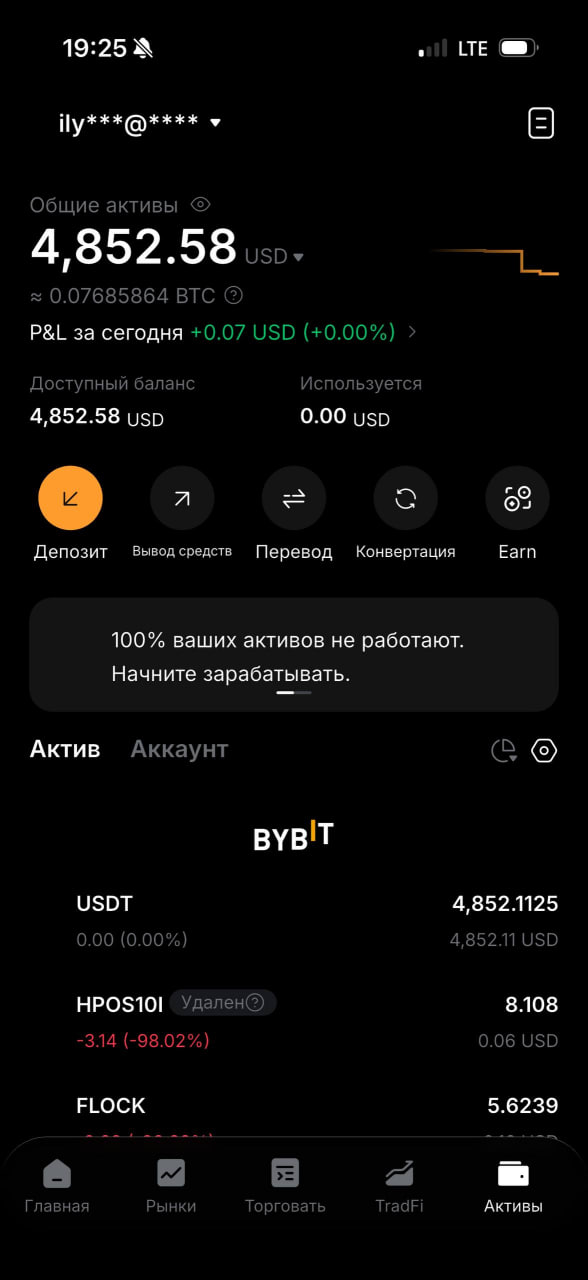 Экран Bybit с общими активами, связанными с каналом «Валенский»